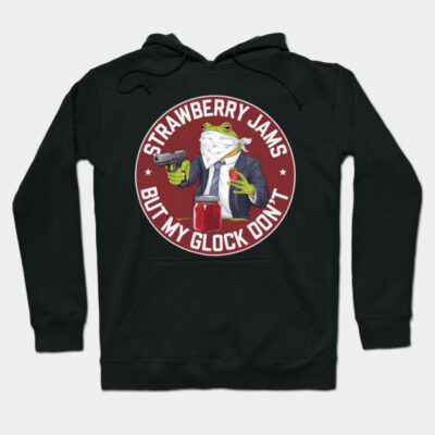 Black hoodie with a frog graphic, text "Strawberry Jams But My Glock Don't," casual style, cotton material.