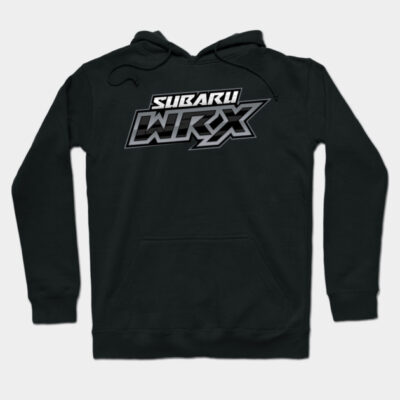 Black Subaru WRX hoodie, pullover style with front pocket, featuring bold graphic design, ideal for casual wear.