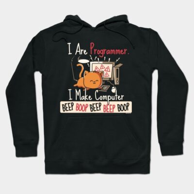 Black hoodie with a humorous programmer cat design, perfect for tech enthusiasts. Cozy material, casual style.