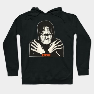 Black hoodie with horror graphic and "Carrie" text, perfect for casual wear, cotton blend, unisex design.