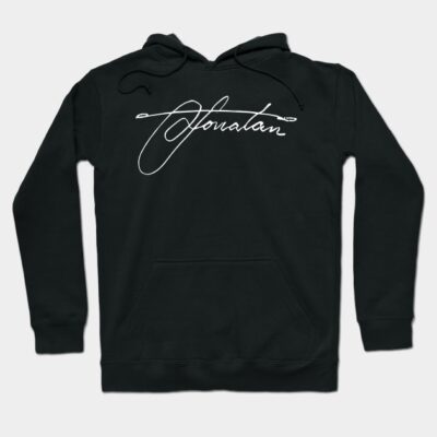 Black hoodie with stylish script, front pocket, and drawstring hood. Ideal for casual wear, made from soft cotton blend.