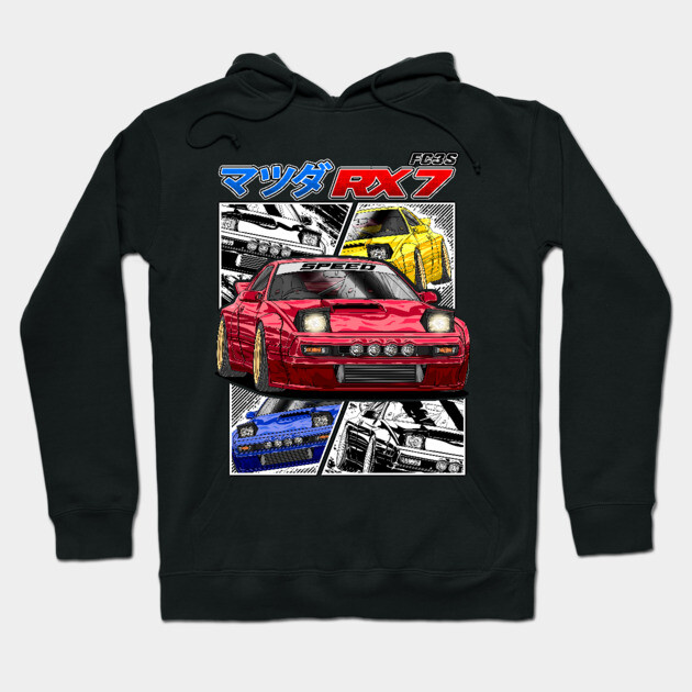 Black hoodie featuring a retro car graphic with vibrant red, blue, and yellow accents, ideal for casual wear.