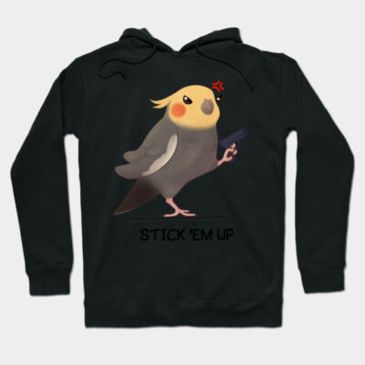Black hoodie with cartoon cockatiel graphic, "Stick 'Em Up" text, casual wear, cotton blend, unisex style.