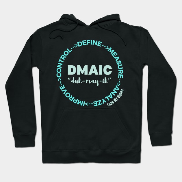 Black hoodie with DMAIC Lean Six Sigma design, featuring teal text and circular diagram, ideal for casual wear.