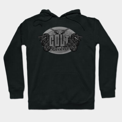 Black hoodie with "Colt Revolvers" graphic, featuring snake design. Casual wear, cotton blend material, unisex style.