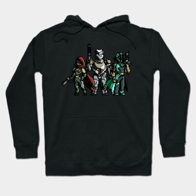Black hoodie with pixel art design featuring three armored figures, perfect for gaming enthusiasts. Cotton material.