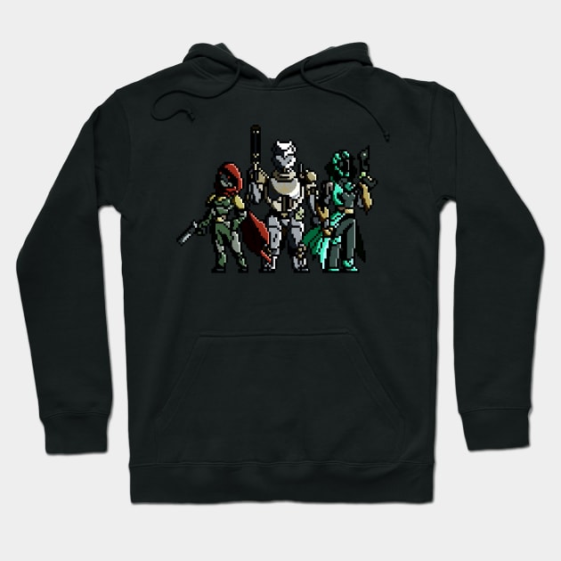 Black hoodie with pixel art design featuring three armored figures, perfect for gaming enthusiasts. Cotton material.
