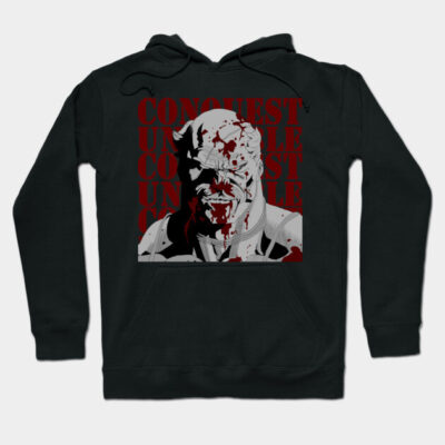 Black graphic hoodie with bold red and white illustration, perfect for casual wear, made from soft cotton blend.