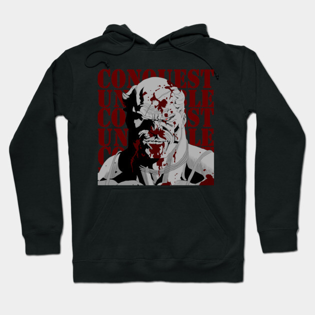 Black graphic hoodie with bold red and white illustration, perfect for casual wear, made from soft cotton blend.