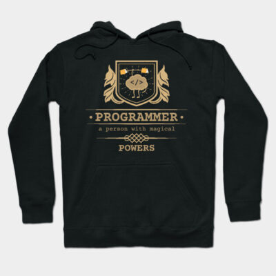 Black hoodie with "Programmer" text and emblem design, casual style, ideal for tech enthusiasts.