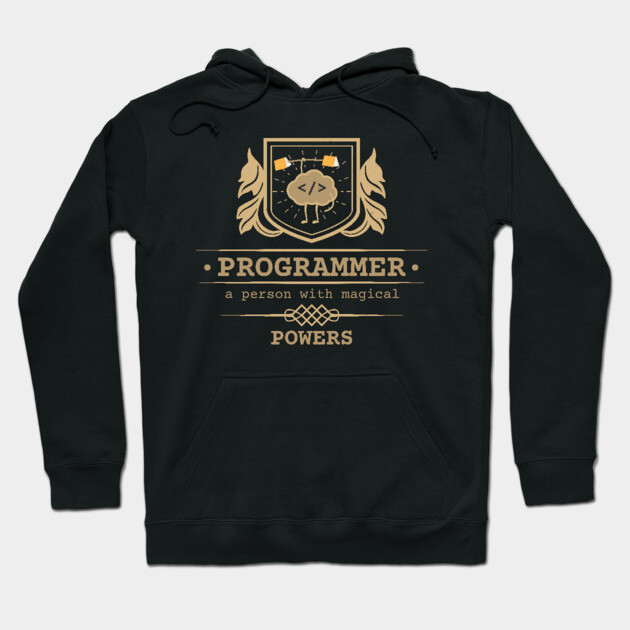 Black hoodie with "Programmer" text and emblem design, casual style, ideal for tech enthusiasts.