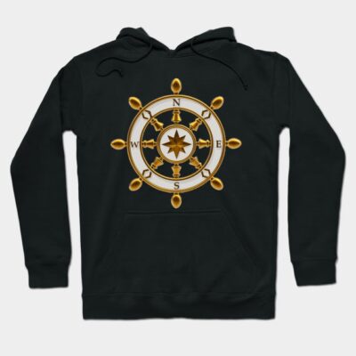 Black hoodie with golden compass rose design, unisex style, soft cotton material, perfect for casual wear.