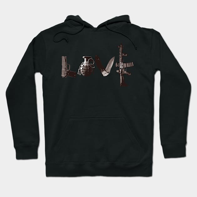 Black hoodie with creative "LOVE" design featuring weapon motifs, casual style, cotton blend, unisex.