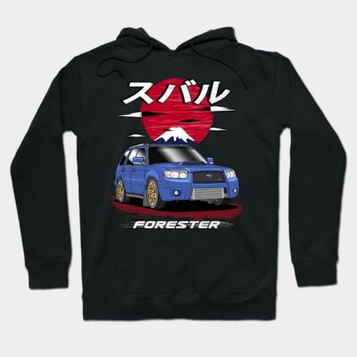 Black hoodie featuring a blue car design with red sun and mountain graphic, ideal for casual wear.