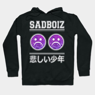 "Black hoodie with 'SADBOIZ' text and purple sad face graphics, casual streetwear style, soft cotton material."