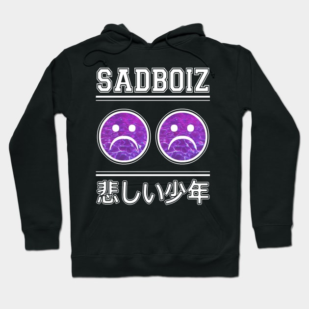 "Black hoodie with 'SADBOIZ' text and purple sad face graphics, casual streetwear style, soft cotton material."
