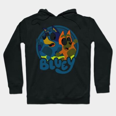 Black hoodie with colorful cartoon design and "Bluey" text, featuring playful characters. Cotton material, casual style.