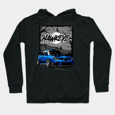 Black hoodie with blue sports car graphic and "Hawkeye" text, perfect for casual wear and car enthusiasts.