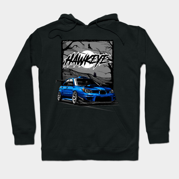 Black hoodie with blue sports car graphic and "Hawkeye" text, perfect for casual wear and car enthusiasts.
