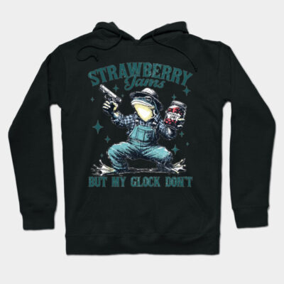 Black hoodie with "Strawberry Jams" graphic, featuring a quirky design. Casual style, perfect for everyday wear.
