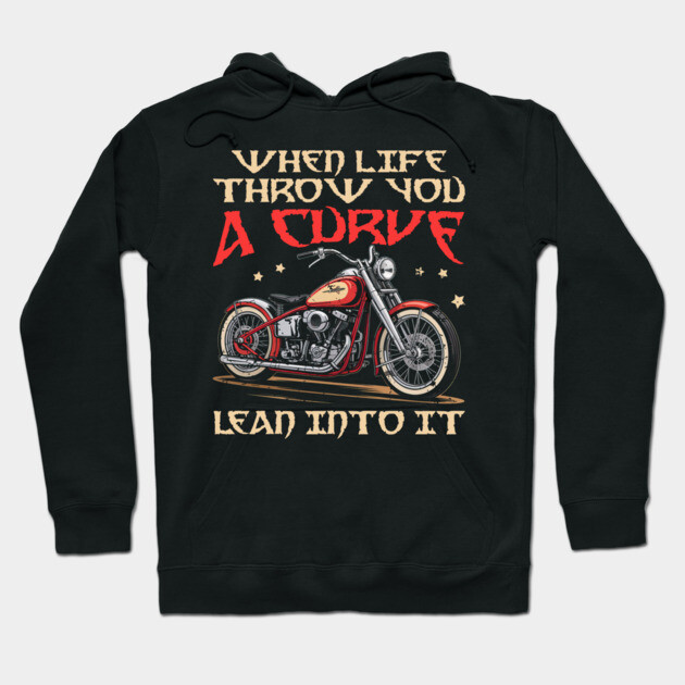 Black hoodie with vintage motorcycle graphic and motivational text, ideal for casual wear, cotton blend material.