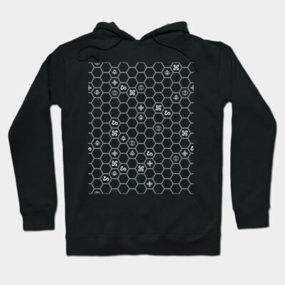 Black hoodie with hexagonal pattern and symbols, casual style, cotton blend, perfect for everyday wear.