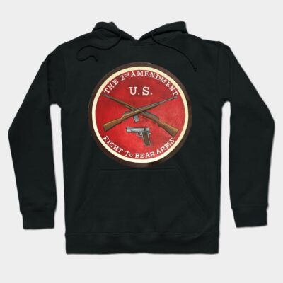 Black hoodie with a red 2nd Amendment emblem, featuring crossed rifles and a handgun, made from soft cotton blend fabric.