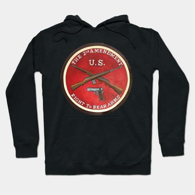 Black hoodie with a red 2nd Amendment emblem, featuring crossed rifles and a handgun, made from soft cotton blend fabric.