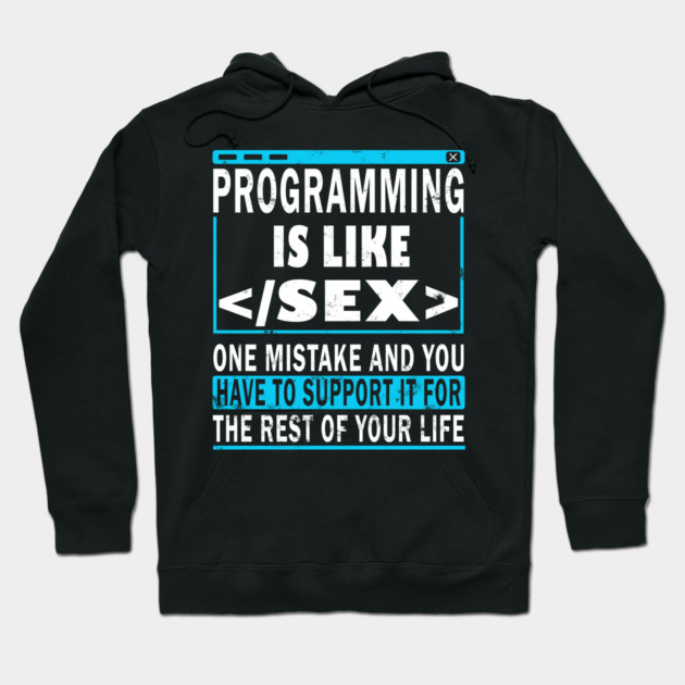 Black hoodie with humorous programming text design, casual style, perfect for tech enthusiasts, cotton blend material.