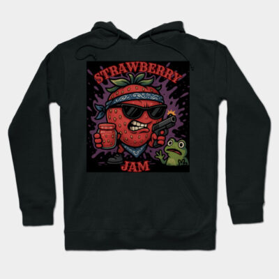 Black hoodie with "Strawberry Jam" graphic, featuring a fun, illustrated strawberry character. Casual and stylish.