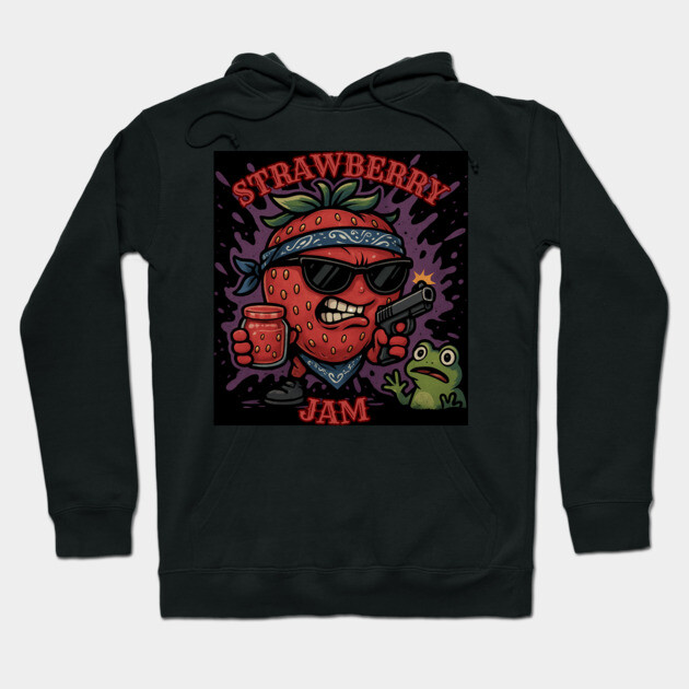 Black hoodie with "Strawberry Jam" graphic, featuring a fun, illustrated strawberry character. Casual and stylish.