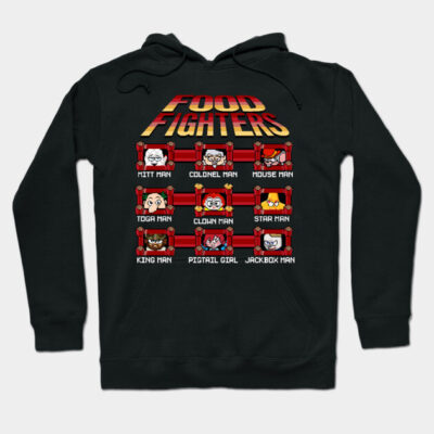 Black "Food Fighters" hoodie with colorful retro arcade graphics, perfect for casual wear, cotton blend material.