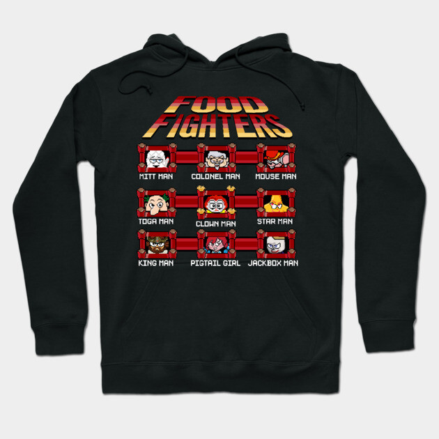 Black "Food Fighters" hoodie with colorful retro arcade graphics, perfect for casual wear, cotton blend material.