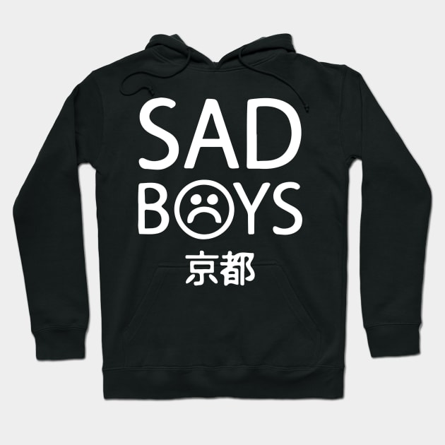 Black hoodie with "Sad Boys" text and emoticon, featuring Japanese characters, casual streetwear style.