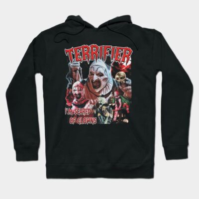 Black horror-themed hoodie with clown graphic, bold "Terrifier" text, and "I'm Scared of Clowns" slogan, ideal for fans.