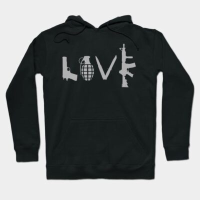 Black hoodie with "LOVE" graphic design in white, featuring unique weapon-themed letters. Casual streetwear style.