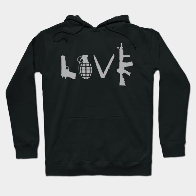 Black hoodie with "LOVE" graphic design in white, featuring unique weapon-themed letters. Casual streetwear style.