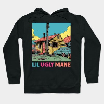Black hoodie with colorful graphic print of a house and cars, featuring text "Lil Ugly Mane", casual streetwear style.