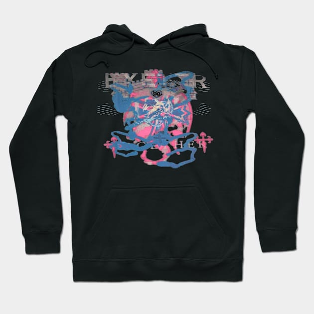 Black graphic hoodie with abstract pink and blue design, casual style, comfortable cotton material for everyday wear.