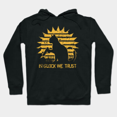 Black hoodie with yellow graphic of a cat and text, "In Glock We Trust," casual style, cotton blend material.
