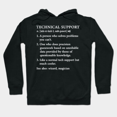 Black "Technical Support" hoodie with humorous text, cotton material, casual style, ideal for tech enthusiasts.