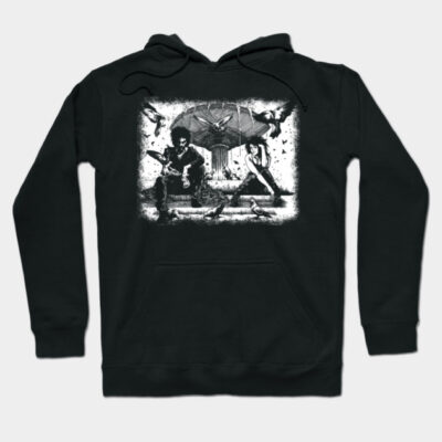 Black cotton hoodie with artistic graphic design, featuring detailed monochrome illustration, perfect for casual wear.
