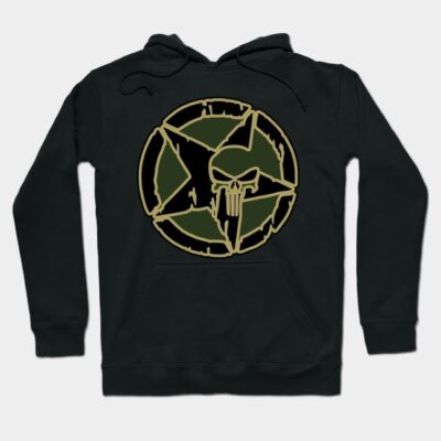 Black hoodie with green skull and pentagram design, casual streetwear style, comfortable cotton material.