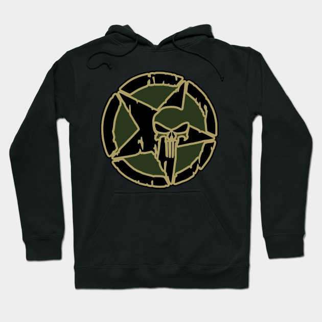 Black hoodie with green skull and pentagram design, casual streetwear style, comfortable cotton material.
