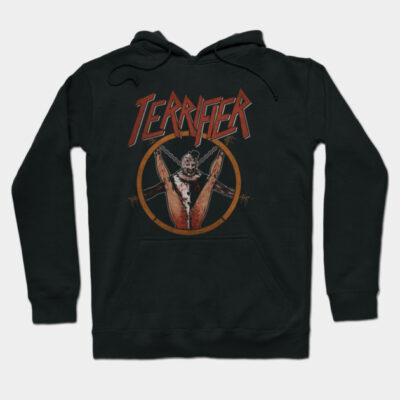 Black "Terrifier" graphic hoodie, horror-themed design, cotton blend, casual wear for fans of dark art and movies.
