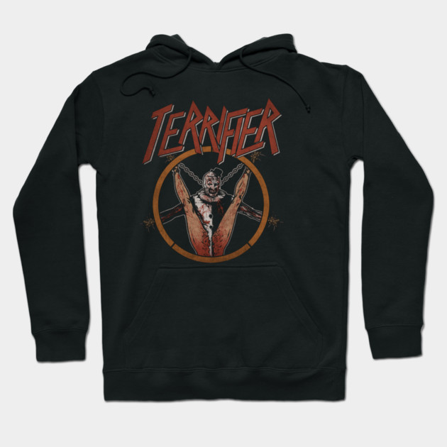 Black "Terrifier" graphic hoodie, horror-themed design, cotton blend, casual wear for fans of dark art and movies.