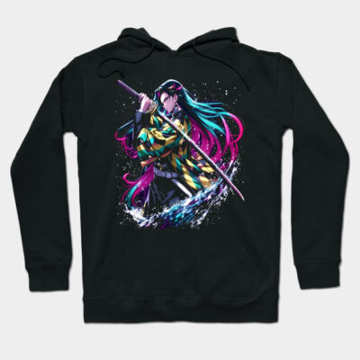 Black hoodie with vibrant anime character design, featuring a sword and colorful details. Perfect for casual wear.