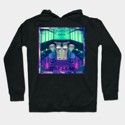 Black hoodie with vibrant neon graphic design, featuring text "Sunset Grid Stay Lean," casual wear, cotton material.
