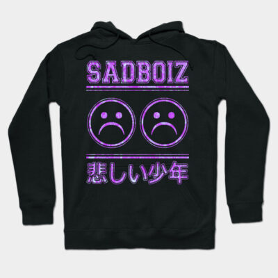 Black hoodie with "Sadboiz" text, purple sad face graphics, and Japanese characters, casual streetwear style.