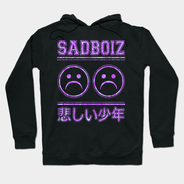Black hoodie with "Sadboiz" text, purple sad face graphics, and Japanese characters, casual streetwear style.